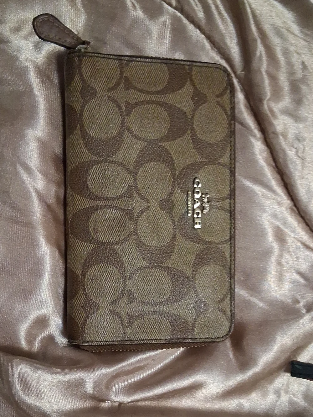Coach Brown Signature Zip Wallet with Logo Plaque